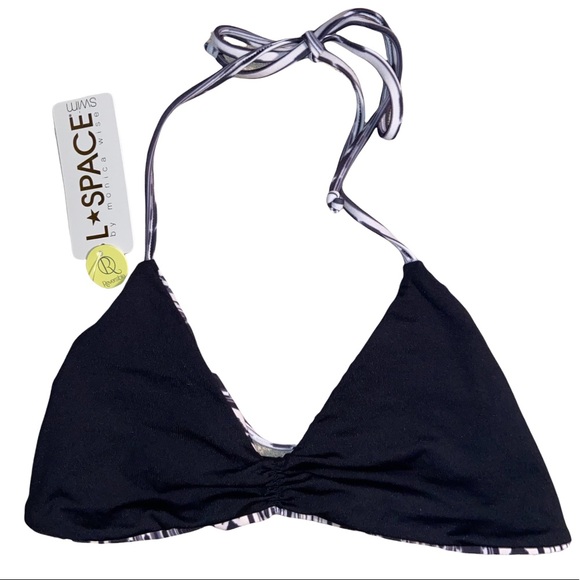 NWT L*SPACE Outlaw Strap Back Black & White Tribal Print Reversible Bikini Top - Picture 4 of 16